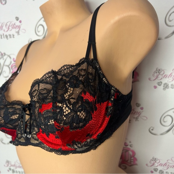 Victoria’s Secret bra diamonds red black lace bling tie shimmer shiny y2k ❤️💎🎀 - Picture 3 of 12